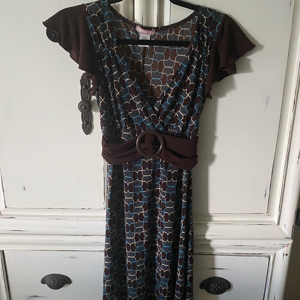 Cute Ruffled Cap-Sleeve V Neck Dress Sz M